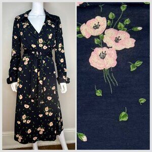 Vintage 1970s Diane Von Furstenberg Wrap Dress, Navy Blue Floral, Size 16 M/L